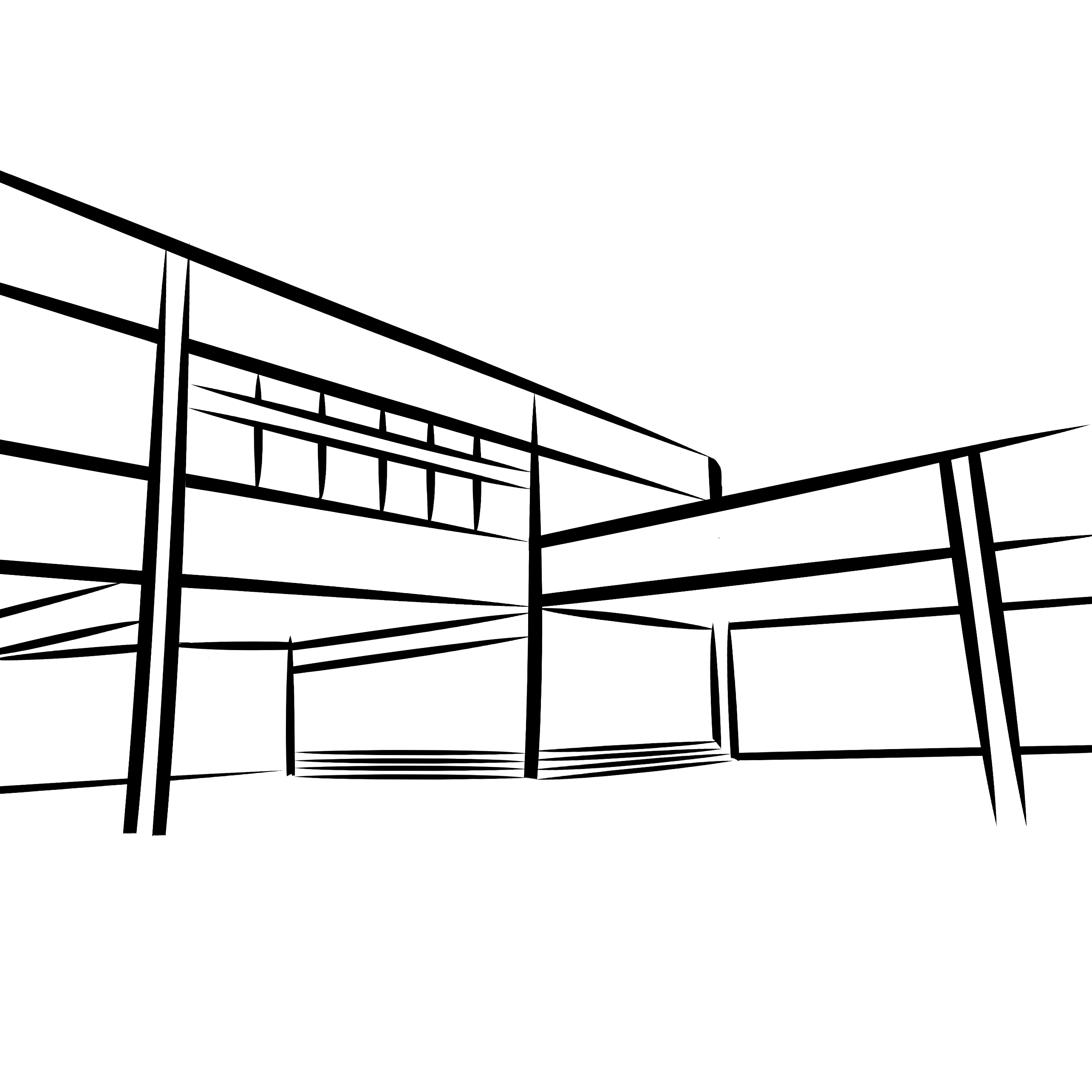 Zeichnung des Schulgebäudes der OBS mit schwarzen Linien